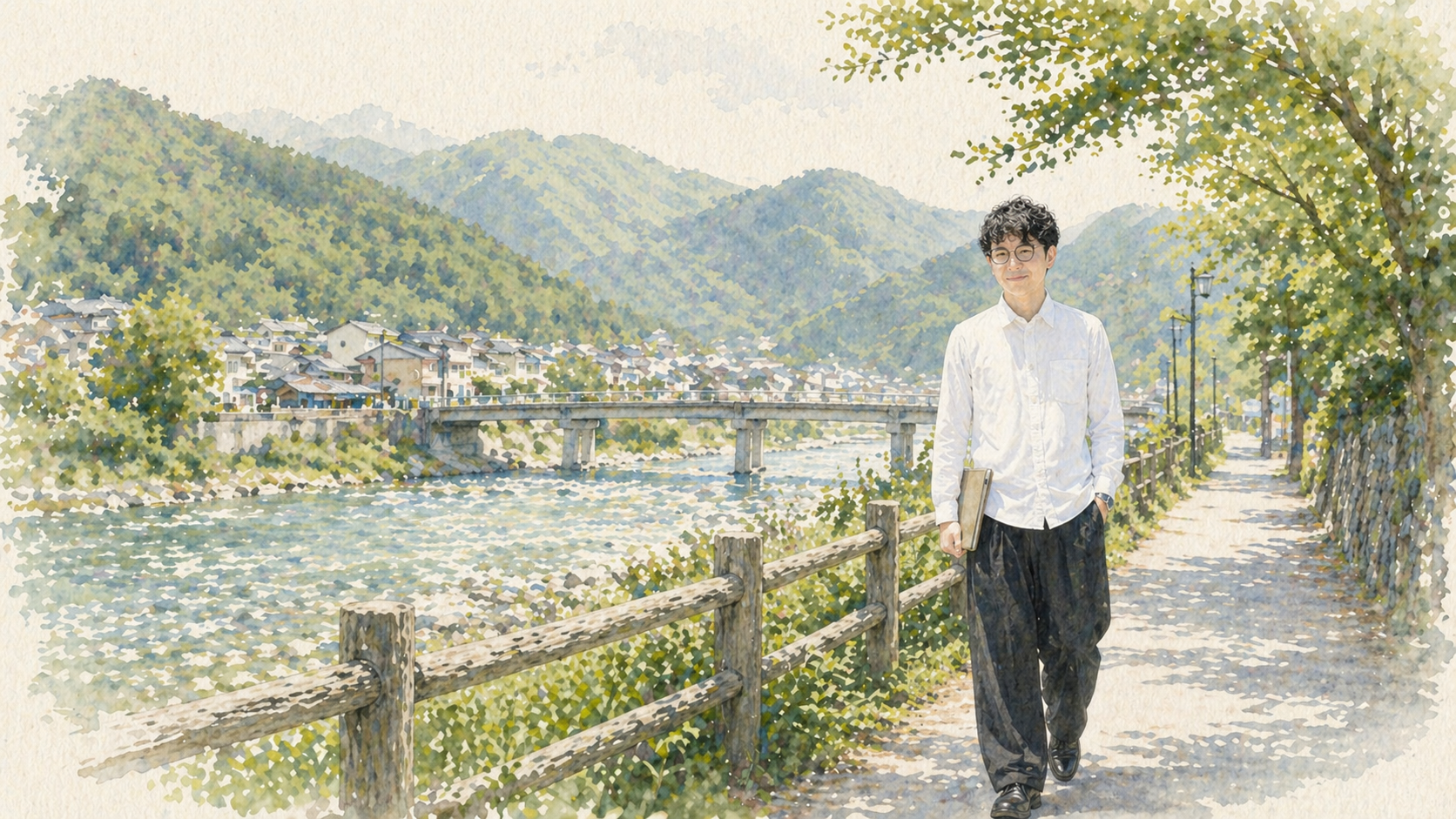 みなかみ町を歩きながら学ぶ姿勢を表したイラスト